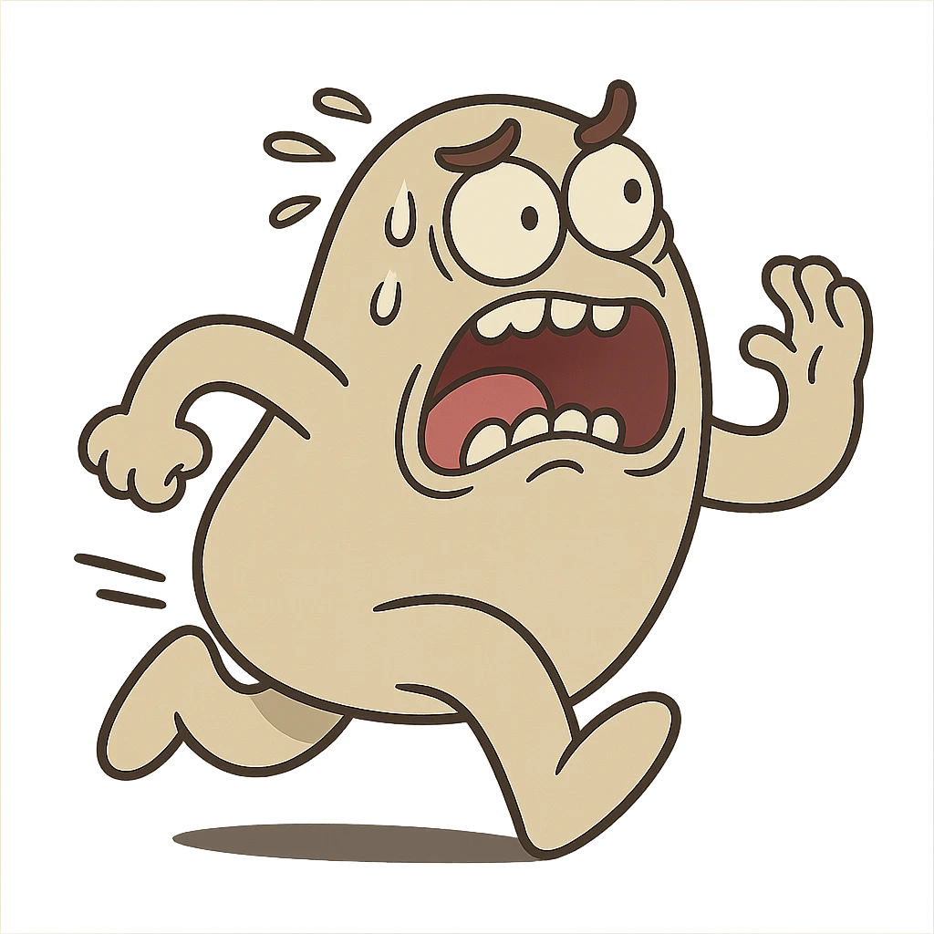 a frightened blobby creature fleeing, exaggerated face, minimal background emoji