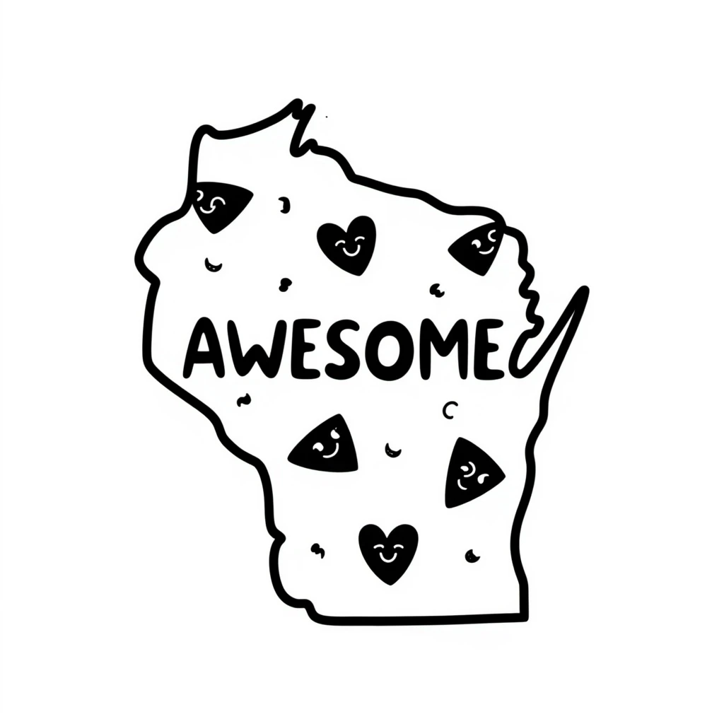 Wisconsin state outline with cheese and lakes, the word 'AWESOME' in bold, fun lettering, radiating positive energy, hand drawn doodle style emoji