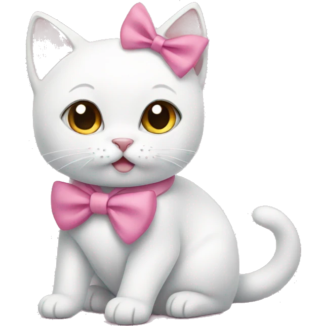 White cat is sitting wearing pink bow emoji