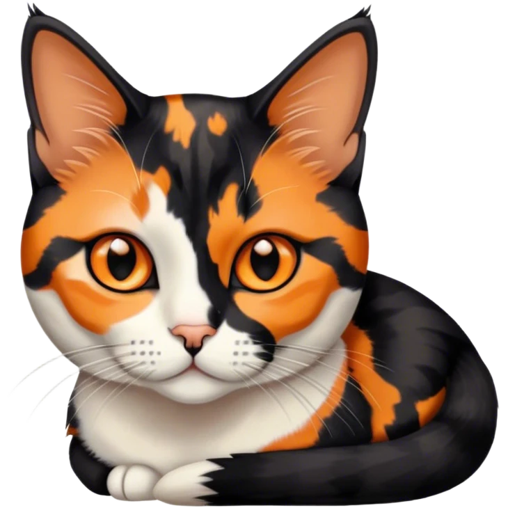 American shorthair calico cat with black fur on the right side of their face and orange on the left side sitting down emoji