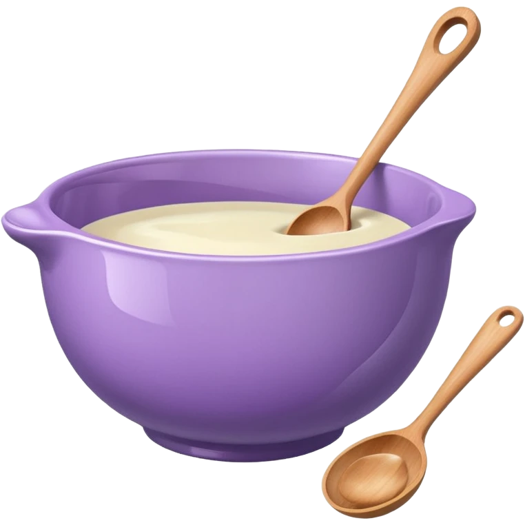 a lilac ceramic mixing bowl with a wooden spoon stirring emoji