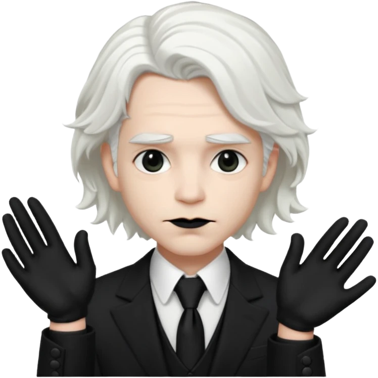Male Goth with Top Hat
 Wavy shoulder-length hair, white skin, black suit and gloves, pale skin tone, white long hair emoji