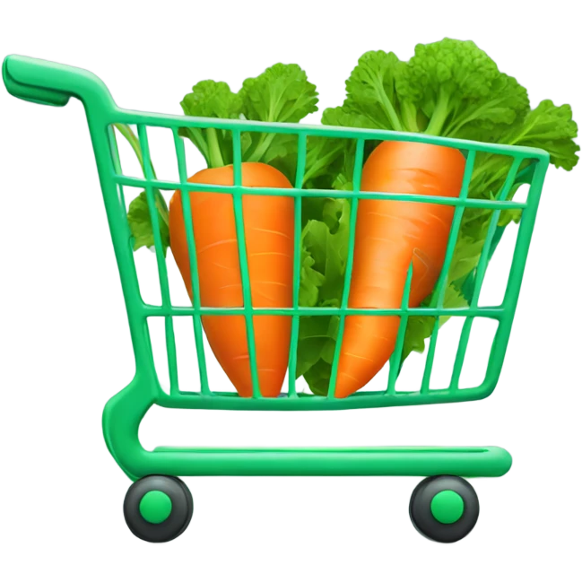 Green shopping cart with one carrot logo on outside and cart empty emoji