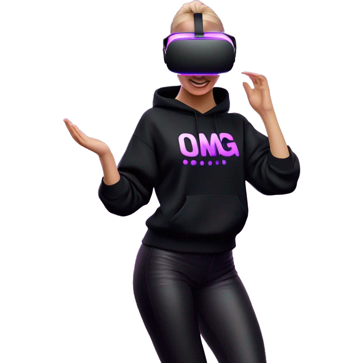 Russian girl wearing black hoody with violet letters "OMG", in vr headset oculus quest2. Dancing. Cyberpunk style. Violet neon. emoji