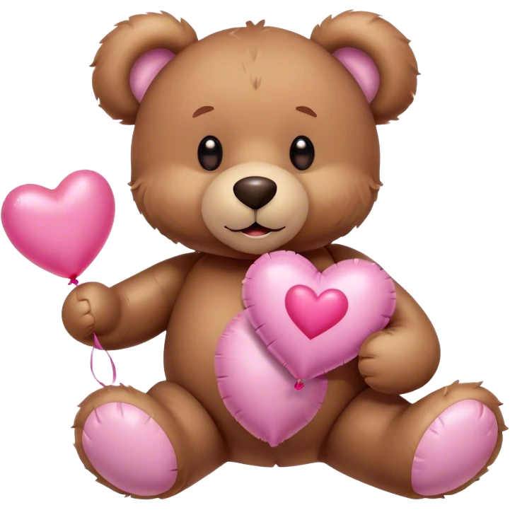 Adorable Plush brown teddy bear holding an inflatable metallic pink heart-shaped balloon in his paw and love letter of the color pink emoji