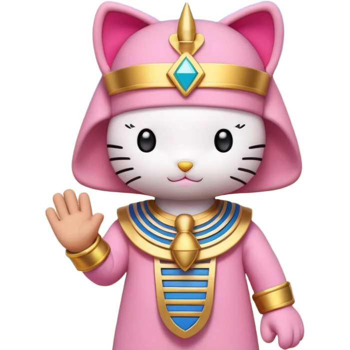 a Hello Kitty–style plush dressed as an Egyptian pharaoh, held by a hand, with a pyramid in the desert background, clear blue sky, natural light, shallow depth of field. emoji