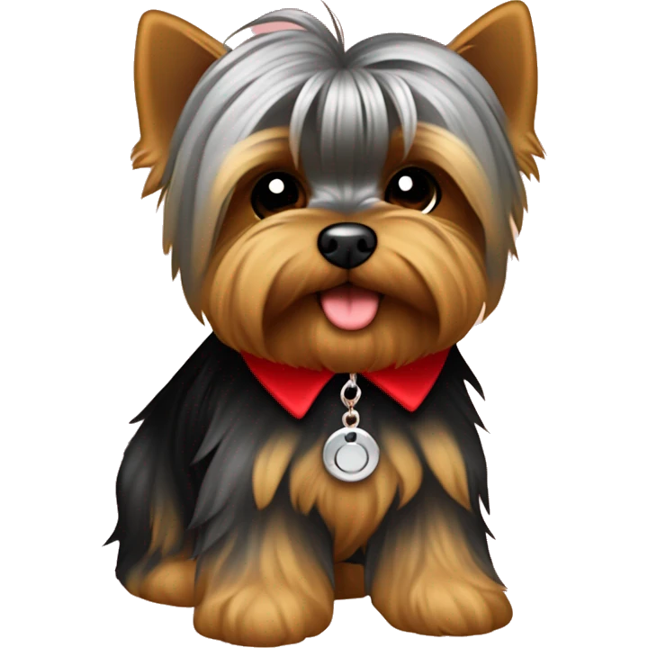 yorkie mezclado con silky pequeño con pelaje café y gris pequeño con collar rojo con cuadros negros  emoji