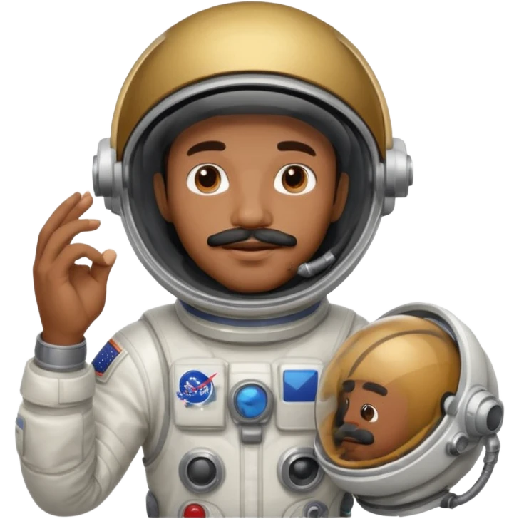 Mustached astronaut  black man holding helmet in his hand, emoji