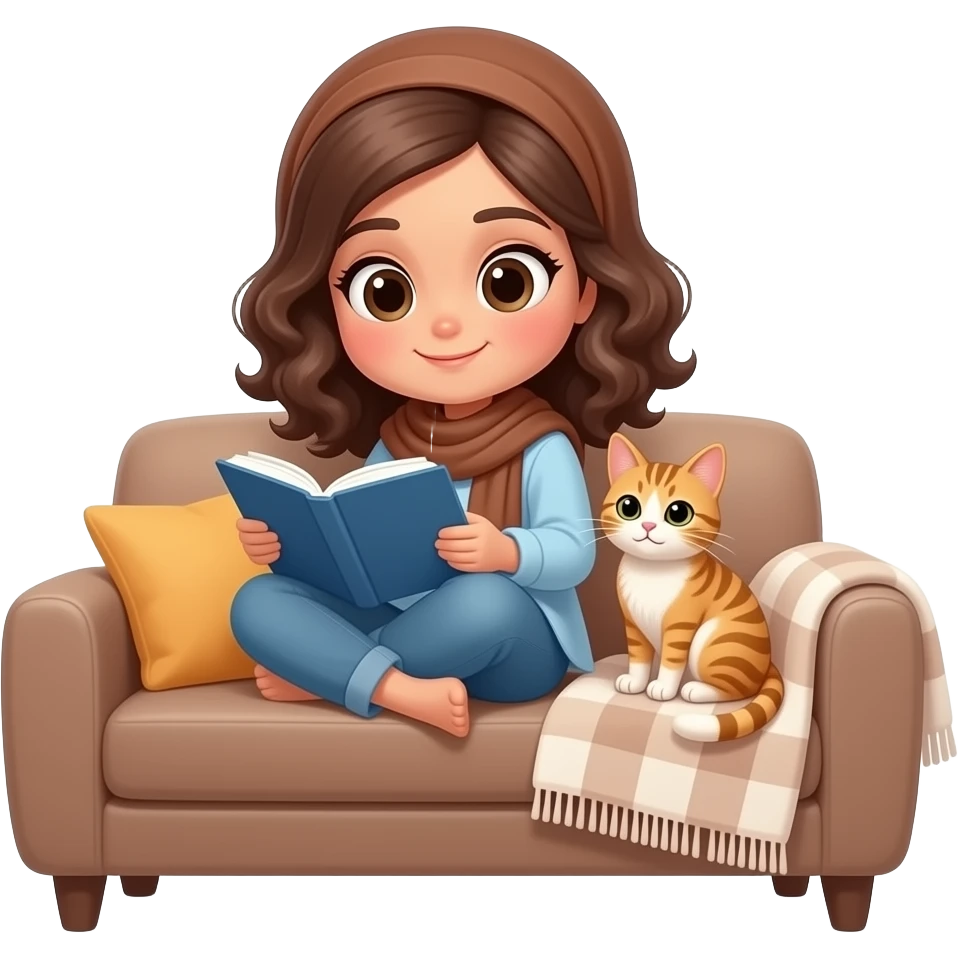 Make an emoji of a cute hijabi brown girl with one or two curls sticking out studying while curled up on a couch with a cat next to her and some blanket on her. must be emoji style, and she is pakistani. emoji