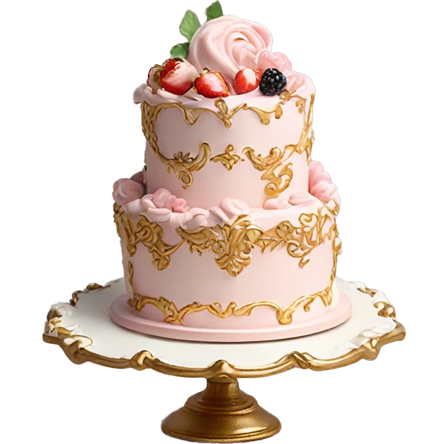 aesthetic vintage rococo cake with white icing, pale pink icing, berries on a gold and white ceramic plate stand  emoji