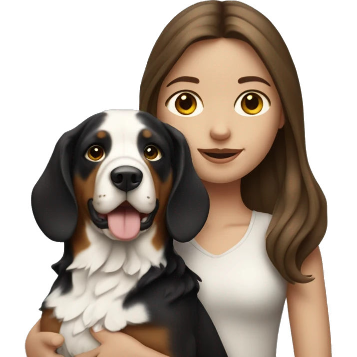 pale girl with long brunette hair holding a swiss mountain dog emoji