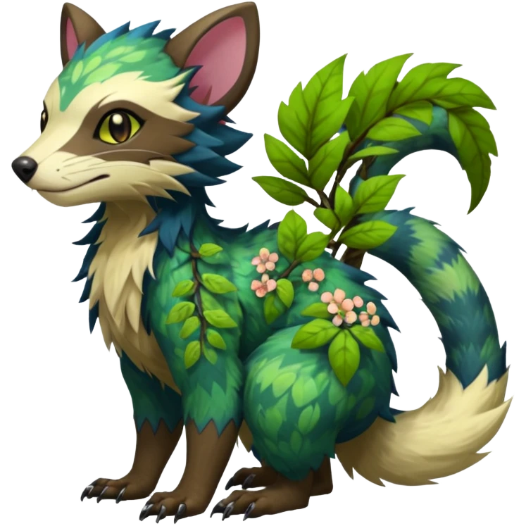 Sharp swampy realistic mossy grassy elemental ivy floral detailed Colorful furry Trico-Sergal-Furret-Ferret-Wolverine-Vernid-furry-fursona-fusion-Fakemon-animal-hybrid-creature, full body emoji