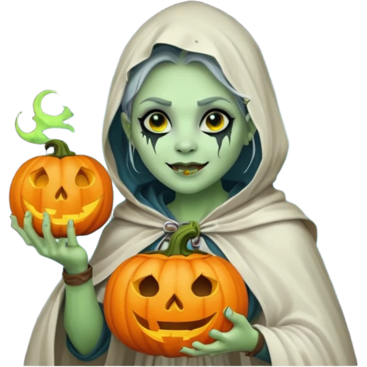 female orc ghost emoji, green skin, tusks, gentle smile, wearing flowing white ghost cloak with black eye holes, holding pumpkin lantern, faint glowing blue mist, Halloween fantasy, smooth Apple emoji style, white background, square emoji