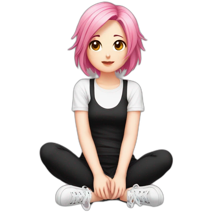 Full body Front view curvy emo girl pink hair sits on the floor straight view hands up black skirt белые трусики emoji