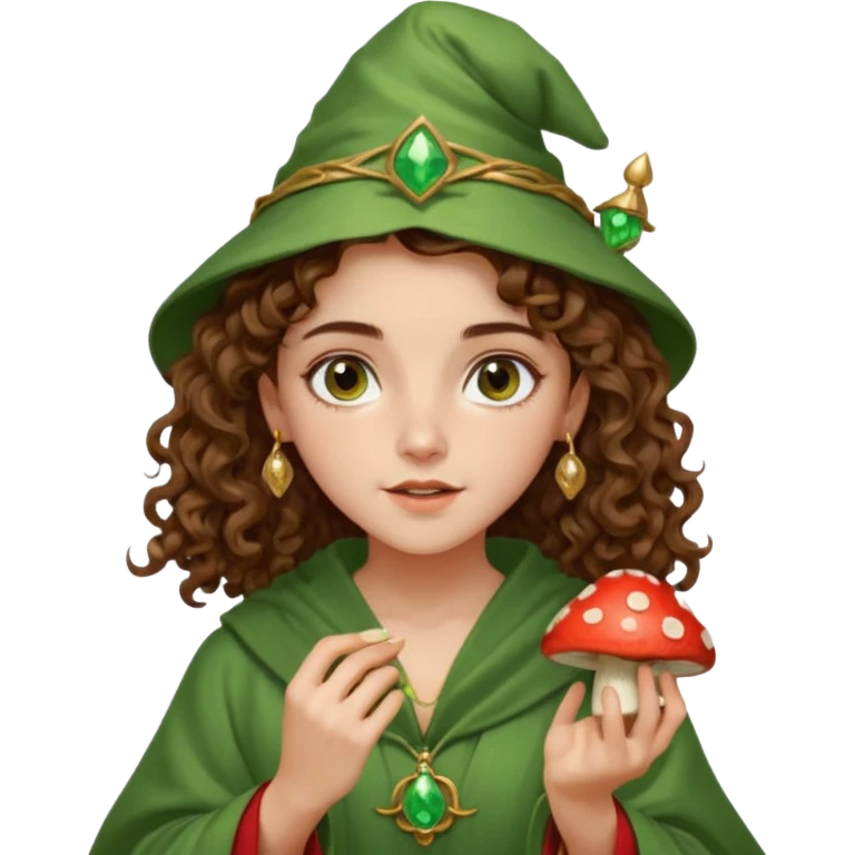 very beautiful italian girl, hazelnut brown eyes, looking like Emma Watson, with curly and big volume very bright brown hair, and a golden piercing ring in nose on left side, dressed in a beautiful wizard robe of green colors, holding red fly mushroom emoji