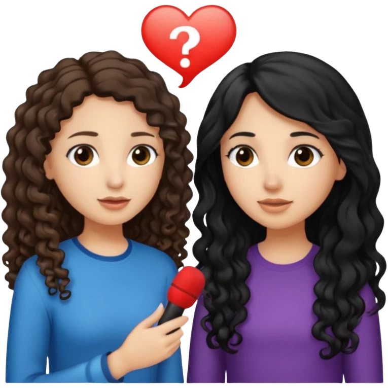 two girls, one girl have a long curly brown hair and the other have a straight black hair, they face to face practice speaking  emoji