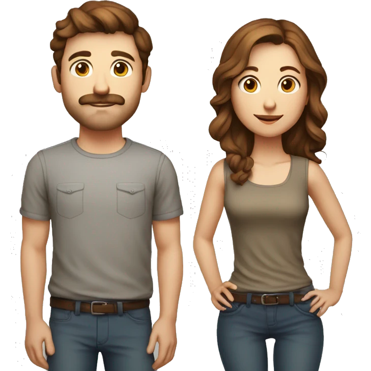 couple brown-haired man, 30 years old, cameraman, hipster, with small mustache, small belly, female, actress, with brown hair, thin emoji