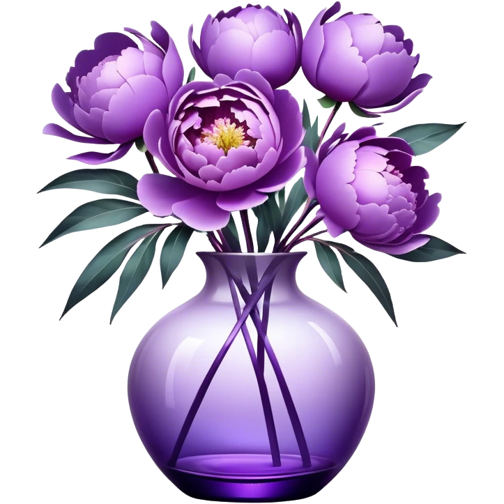 "Abstract peonies in shades of light purple and lavender, blending like soft brushstrokes. A glowing purple glass vase with surreal reflections, wrapped in a weightless, swirling satin ribbon."
 emoji