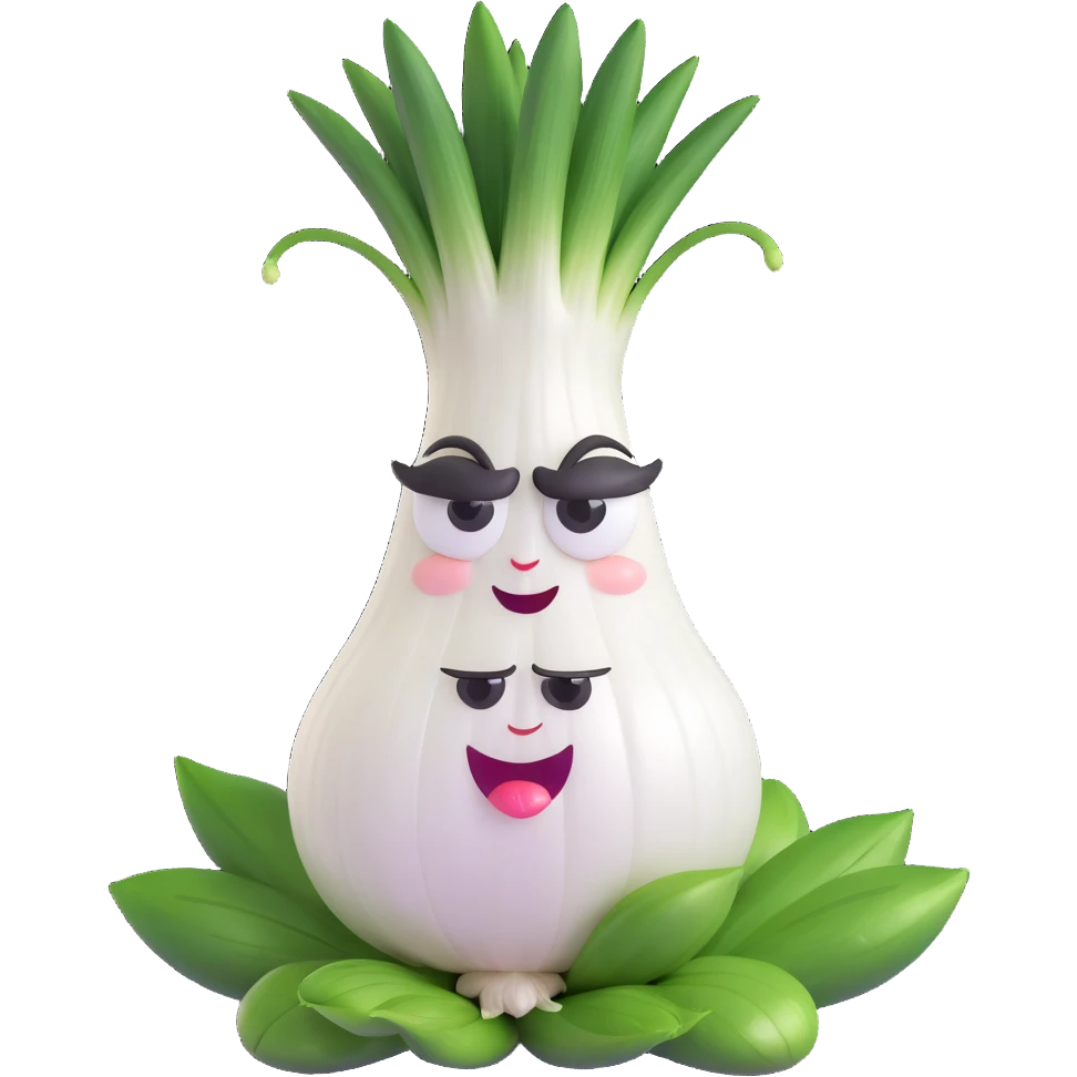 cute and funny anthropomorphic green onion character, round white onion body, large expressive eyes, green leaves as hair, exaggerated crying face with onion juice tears spraying out dramatically, highly expressive and humorous pose, pastel kawaii style, smooth soft textures, high quality lighting emoji