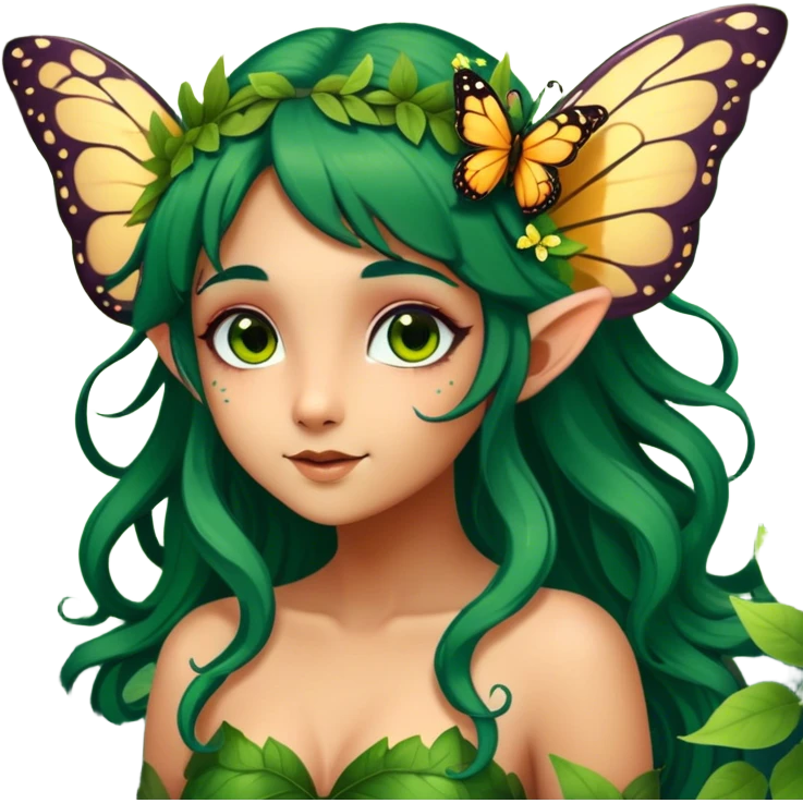 Cinematic Realistic Forest Fairy Portrait, head tilted playfully and inquisitively, showcasing a nature-inspired form with intricately detailed, sunlit tanned skin and cascading dark green hair interlaced with leaves and blossoms showing her large butterfly wings from her back. Her bright, curious eyes sparkle with forest mischief, rendered with lifelike clarity and warm, dappled lighting that captures the spirit of an enchanting woodland fairy ready to dance among the trees. emoji