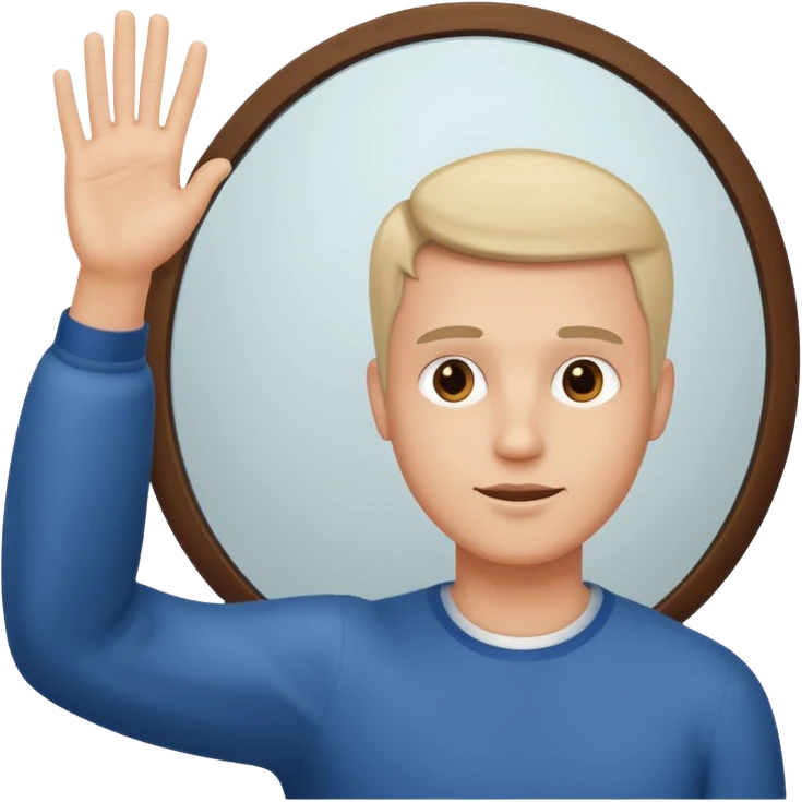 An man looking into a mirror holding his hand up emoji