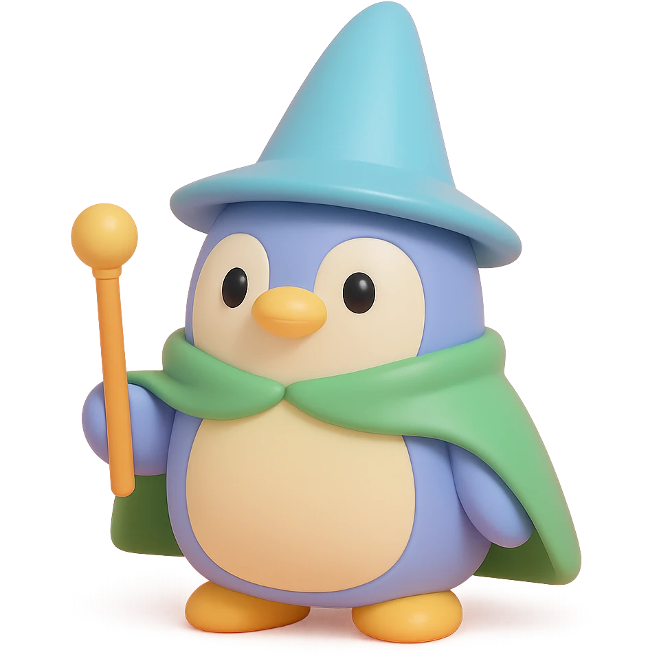 A penguin wizard with a tall pointed wizard hat, holding a magic wand. The penguin has a round plush body, friendly eyes, and a soft texture, wearing a green cape. emoji