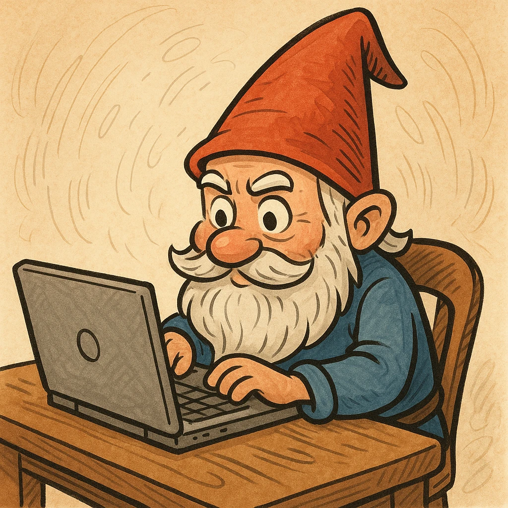 a gnome sitting at a laptop, working diligently, in a whimsical cartoon style emoji