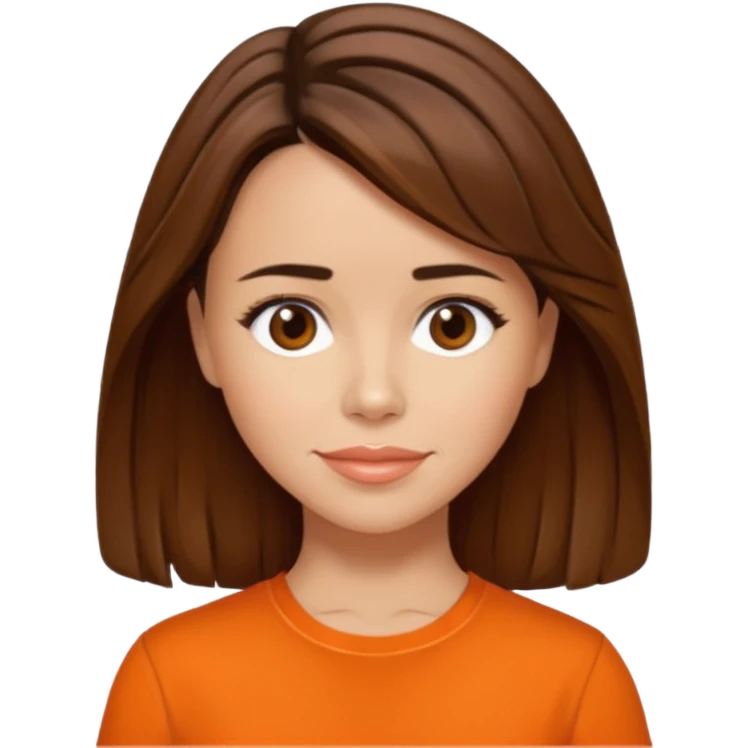 Linda Cardellni with brown hair, orange shirt emoji