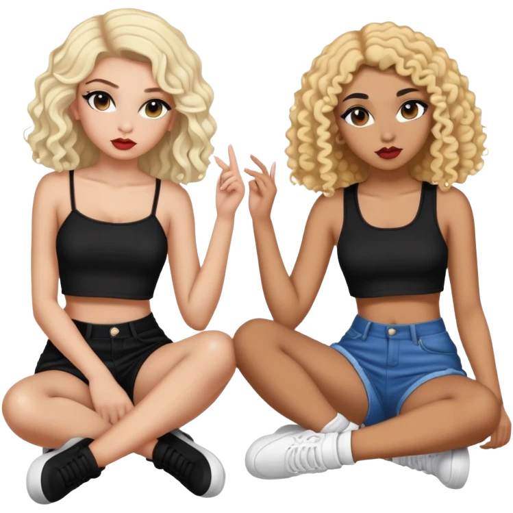 Full body of two teenage girls sitting together, one white with straight blonde hair and one brown-skinned with curly black hair, both with heavy makeup, big lips, crop tops and choni style clothing emoji