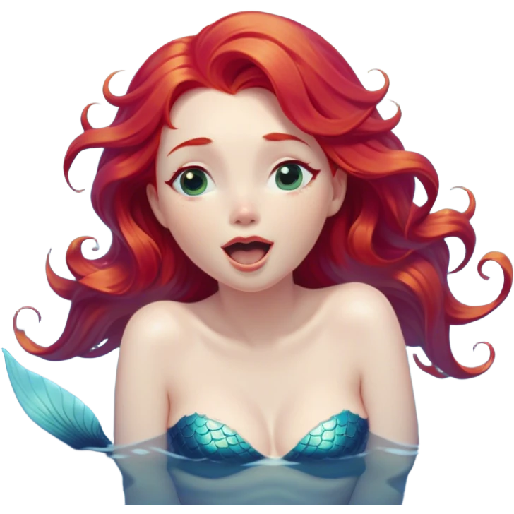 Cinematic Realistic Red Hair Mermaid Portrait, head tilted slightly with a dramatic, wide-open yawn, revealing a tender, relaxed visage with delicately detailed porcelain skin and vibrant, cascading red hair softly billowing around her. Her dreamy eyes exude a serene, aquatic charm, rendered with gentle underwater lighting and high shine—capturing the essence of a drowsy yet mesmerizing mermaid drifting into a tranquil slumber beneath the sea. emoji