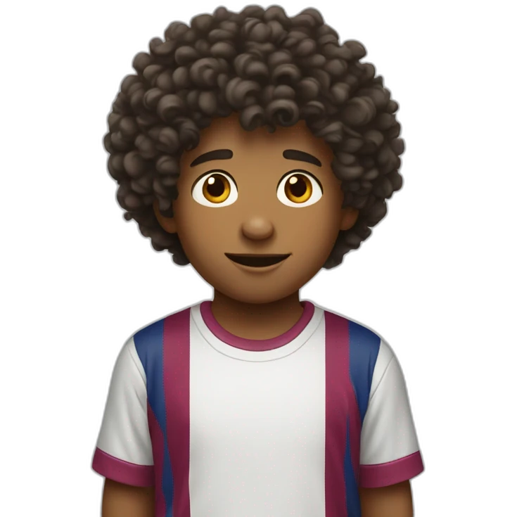 A boy wear Barcelona T-shirt and he has curly hair emoji