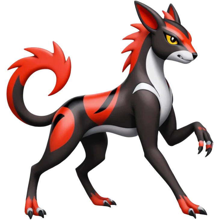 Colorful Meloetta-Houndour-Guilmon-Darkrai-Pokémon-Fakémon-fusion-hybrid-creature with abstract markings emoji