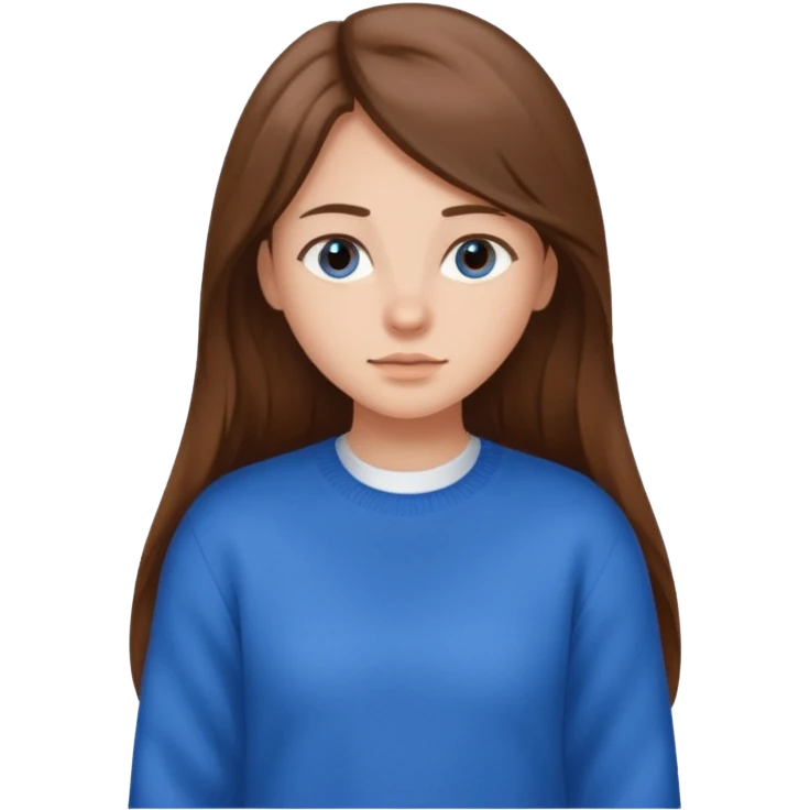 crea una ragazza giovane con i capelli marroni lunghi, una camicia bianca e un maglioncino blu emoji