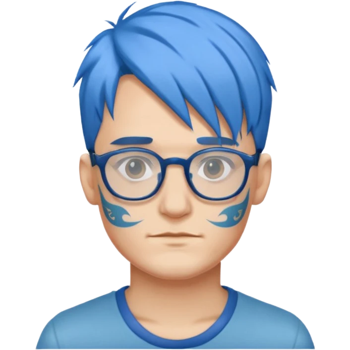 man with blue hair, glasses, visible tattoo emoji