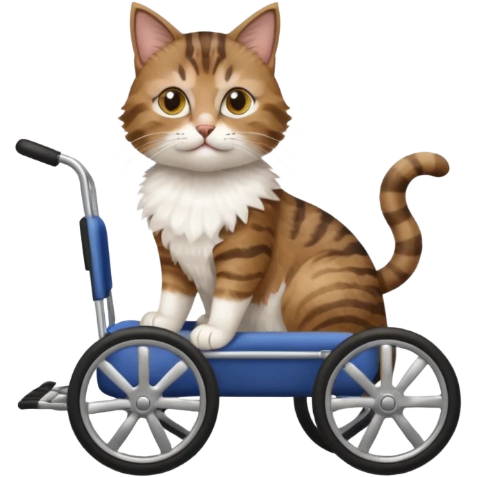 disabled brown tabby and white cat using cat wheelchair emoji