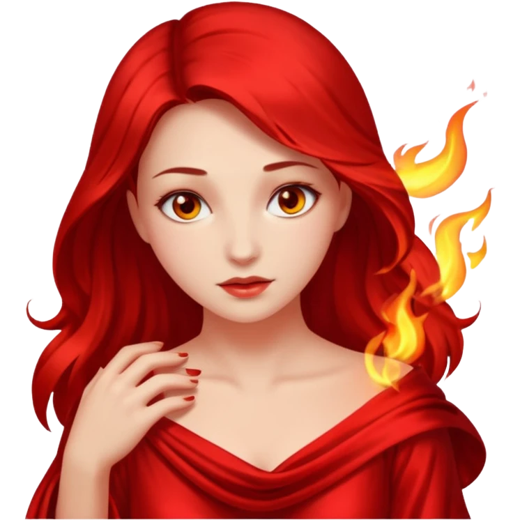 Woman slowly letting red silk fall from her shoulders, firelight flicker emoji