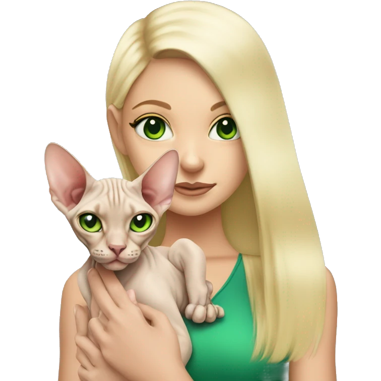 Sphynx cat with green eyes being held by pretty blonde girl  emoji