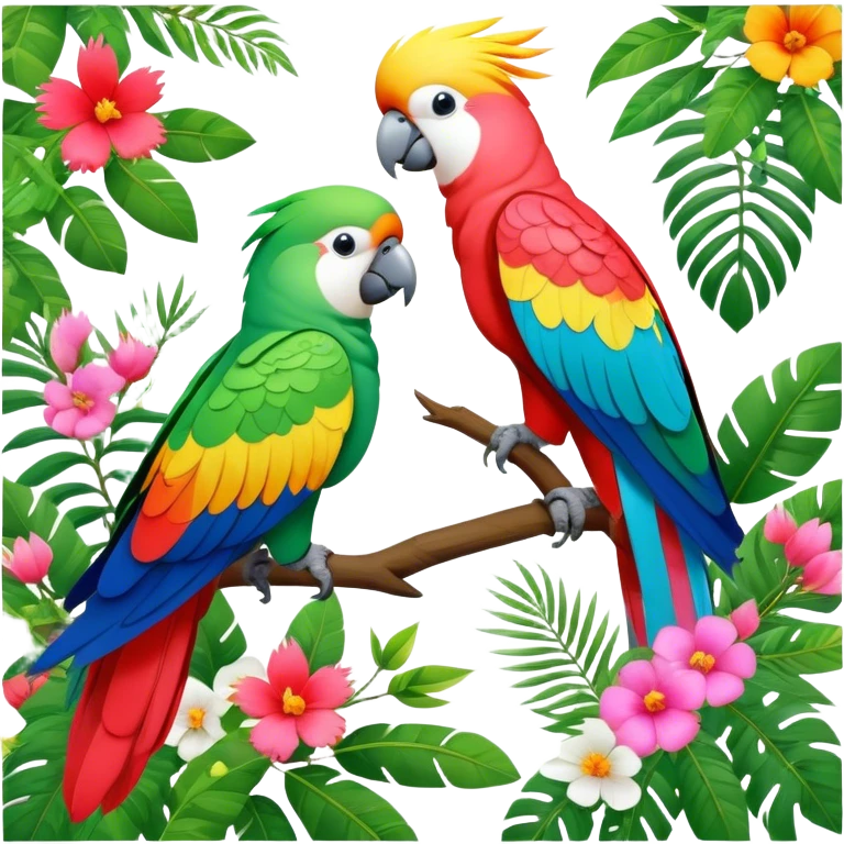 Close-up collage of vibrant Ara parrots and Inca cockatoos sitting on tree branches, surrounded by lush greenery. Bright colors of the birds stand out against a natural, sunny background of trees and flowers. Transparent background. emoji