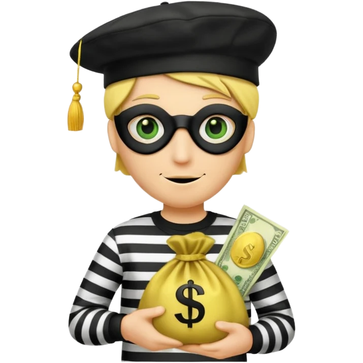 Create a high-quality emoji-style illustration of a cartoon thief character. The character should have a yellow face, wearing a black eye mask and a black beret. He is dressed in a black-and-white striped shirt. In one hand, he's holding a golden money bag with a green dollar sign on it.  emoji