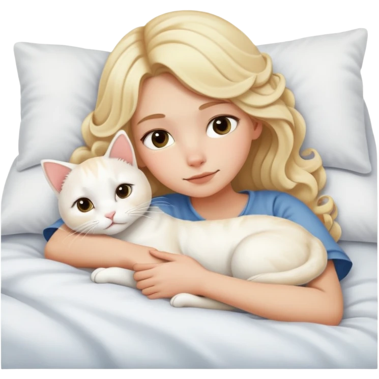 blonde haired girl curled up in bed with white cat emoji