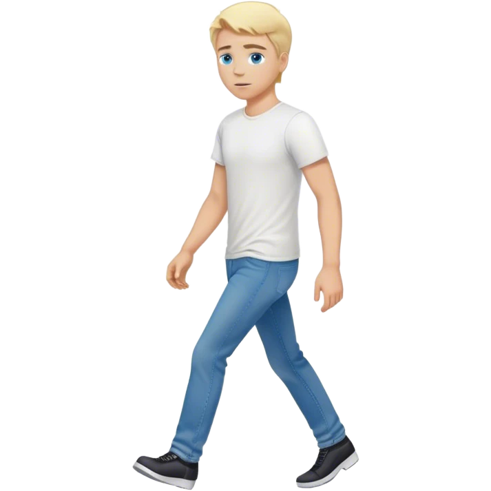 A cinematic realistic blond man with blue eyes, dressed in jeans and a T-shirt, is walking emoji