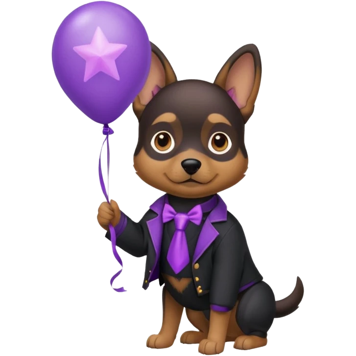 Dog hold purple star shape balloon, black jacket emoji