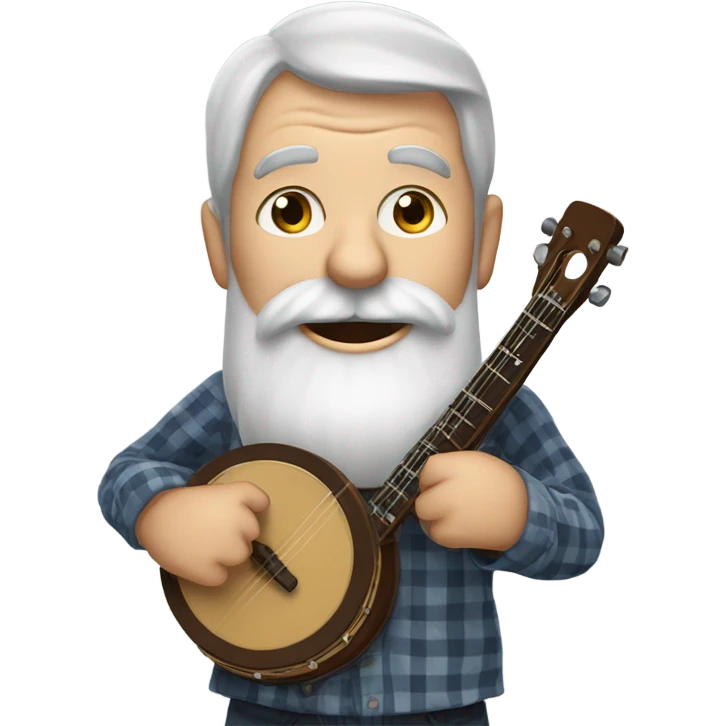 Old man, long beard, huge eyes, buck teeth, playing a banjo and wearing a long sleeve plaid shirt emoji