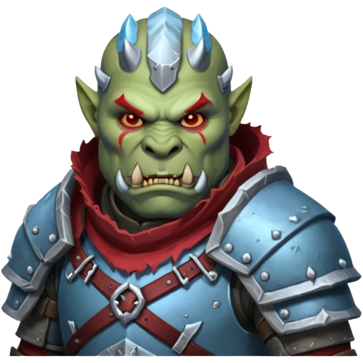 
Fantasy Christmas orc legion soldier icon, iron tundra army theme, heavy winter armor, disciplined brutal look, icy blue steel armor with deep crimson accents, frozen metal texture, cold winter atmosphere, male variant emoji