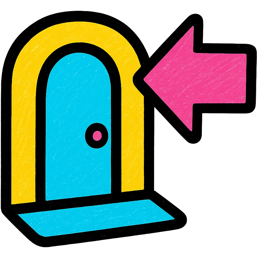 icon for '입구 위치가 눈에 잘 띄었어요' with a doorway and large eye-catching arrow pointing to it, suggesting easy-to-find entrance, colorful approachable style emoji