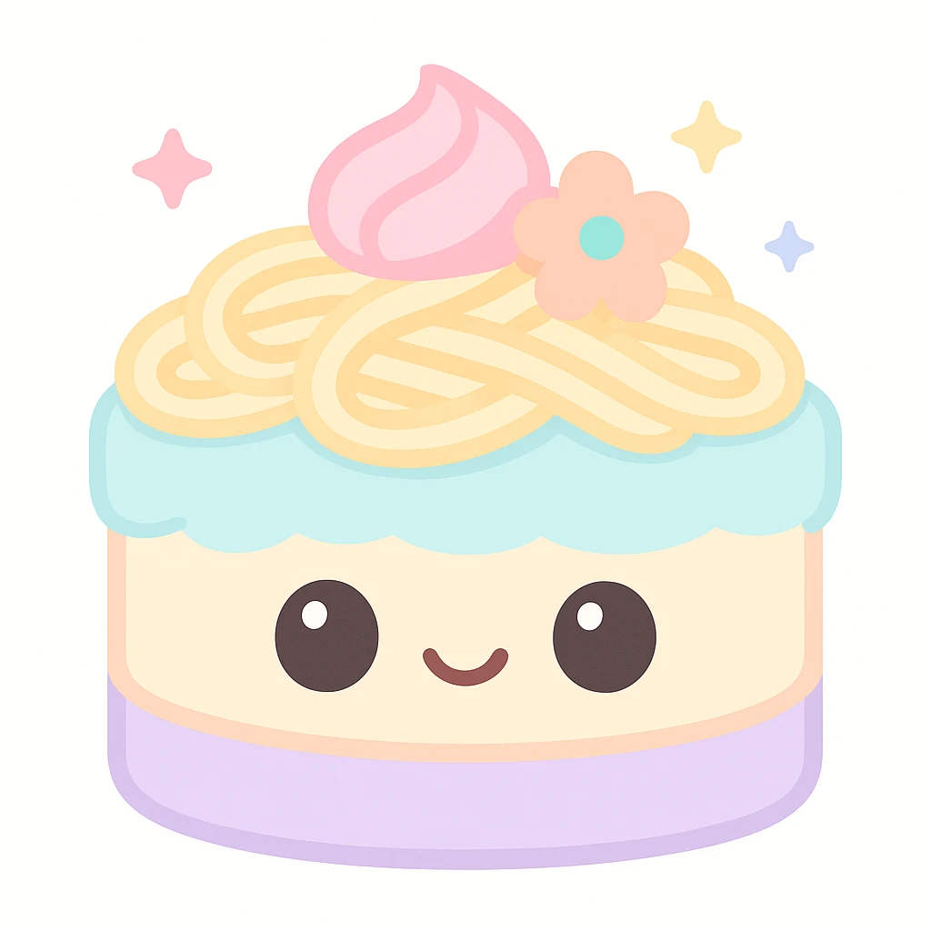 {
  "style_description": {
    "overall_look": "Cute, minimal, and soft with a friendly and playful tone",
    "material_simulation": {
      "primary_material": "flat digital color",
      "texture_detail": "smooth surfaces with no texture or shading",
      "pattern": "none or very simple decorative accents (e.g., hearts, stars)"
    },
    "geometry": {
      "edge_style": "rounded, soft curves with no sharp angles",
      "dimensionality": "flat two-dimensional appearance with simple shapes"
    },
    "color_palette": {
      "scheme": "pastel and light tones",
      "preferred_colors": ["pink", "mint", "lavender", "baby blue", "peach"],
      "contrast": "low contrast with bright accents"
    },
    "facial_features": {
      "eyes": "large, sparkly, often oval or circular",
      "mouth": "small, often a simple curve or dot",
      "expression": "joyful, innocent, or calm"
    },
    "lighting": {
      "type": "none or implied with soft highlights",
      "purpose": "maintain a clean and cheerful look"
    },
    "render_constraints": {
      "avoid": ["realistic shading", "high detail", "dark themes", "texture noise"],
      "focus_on": ["cute expression", "iconic simplicity", "emotional warmth"]
    },
    "background": {
      "color": "white or soft pastel",
      "style": "plain or patterned with simple icons (e.g., polka dots, stars)",
      "lighting_consistency": "no shadows, evenly lit feel"
    }
  }
}

{subject} = linguine cake emoji