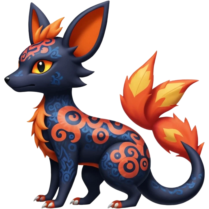
Canine-Litten-Amaura-Salandit-Noibat-Flareon-Fakémon-fusion (full body) with intricate patterns emoji