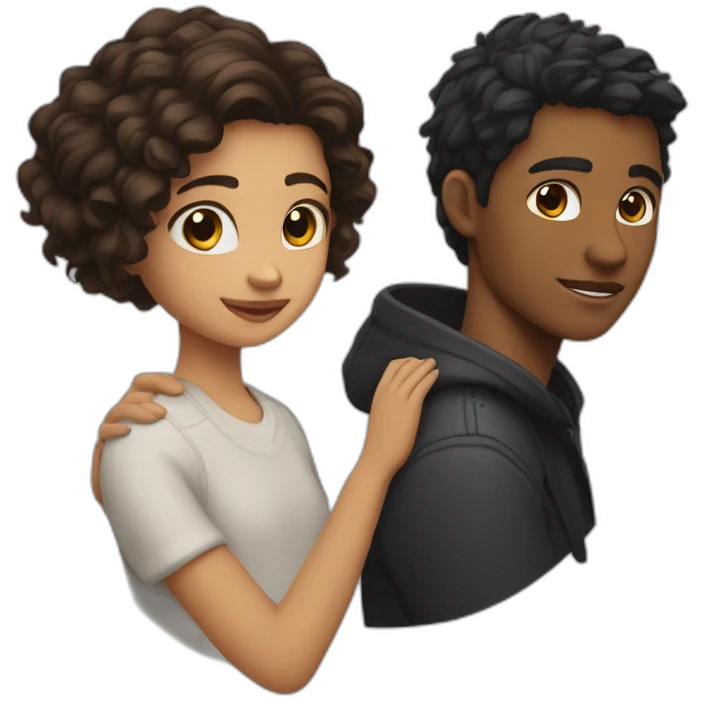 Girl with raven wolfcut hair and boy with brunette wavy hair hugging emoji