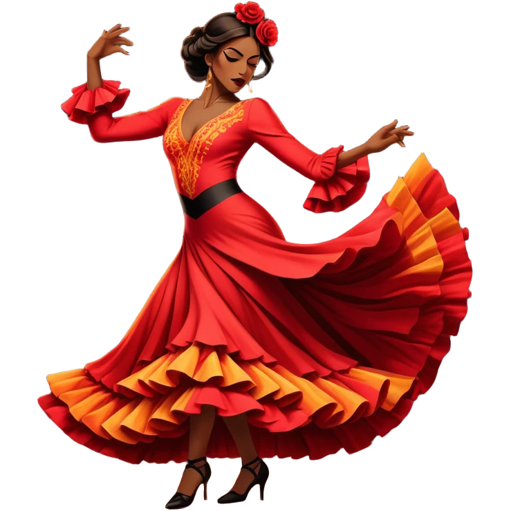 Cinematic Realistic Flamenco Dance Emoji, depicted as a passionate expressive flamenco performance with dramatic costumes and dynamic fiery movements, rendered with vibrant textures and bold energetic lighting that captures its intense rhythm. emoji
