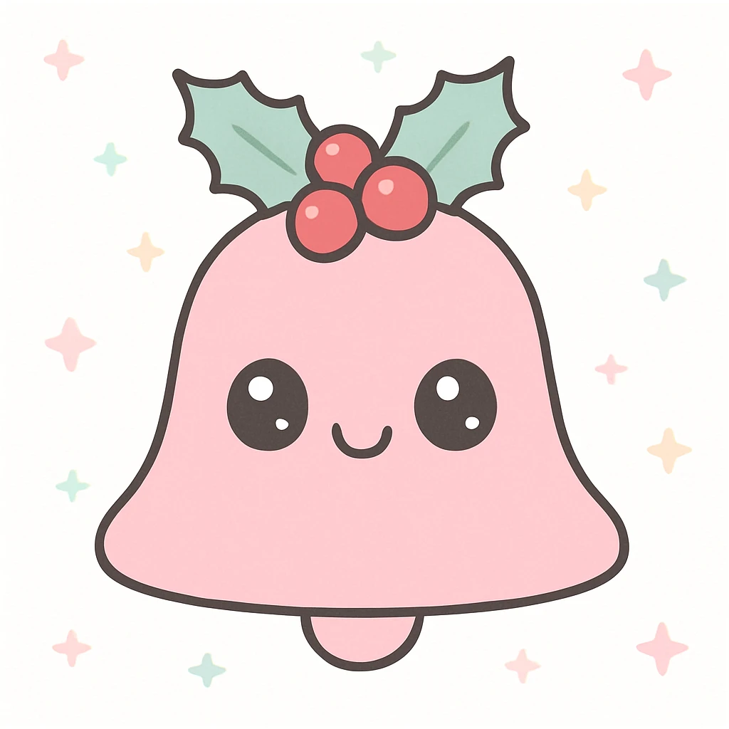 cute pink Christmas bell with holly, kawaii style emoji